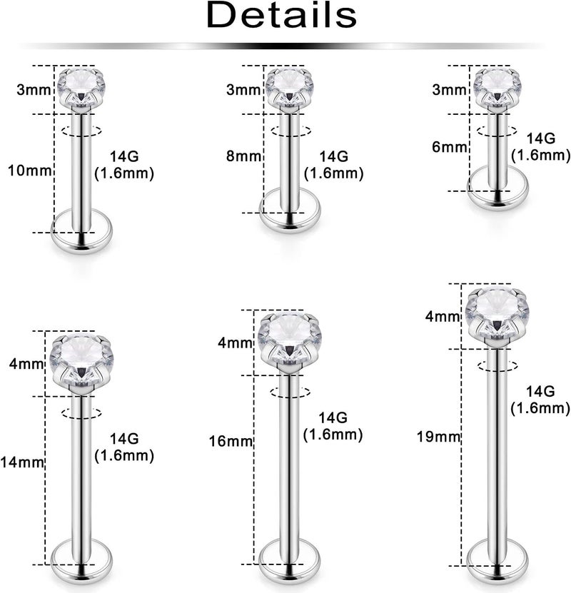 Ftovosyo 12Pcs 14G 16G Different Sizes Flat Back Stud Stainless Steel Labret Ashley Medusa Monroe Dimple Cheek Lip Rings Studs Piercing Jewelry for Women Men Bar Length 6mm-19mm - Image 2